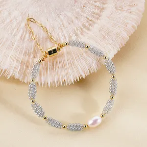Simple Fashion Jewelry Hollow Freshwater Pearl Circle Design 18k Gold Plated Bangle Tennis Bracelet For Women Party Gift