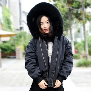 CX-G-P-19C casaco parka feminino forrado de pele de raposa real preto estilo curto personalizado