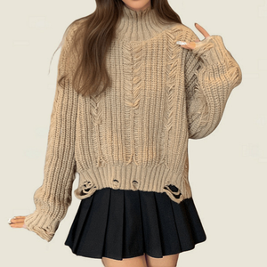 <span class=keywords><strong>Pull</strong></span> décontracté en polyester tricoté torsadé avec dentelle, col roulé <span class=keywords><strong>oversize</strong></span>, manches longues, respirant et anti-plis, style automne européen et américain - Product Image 4