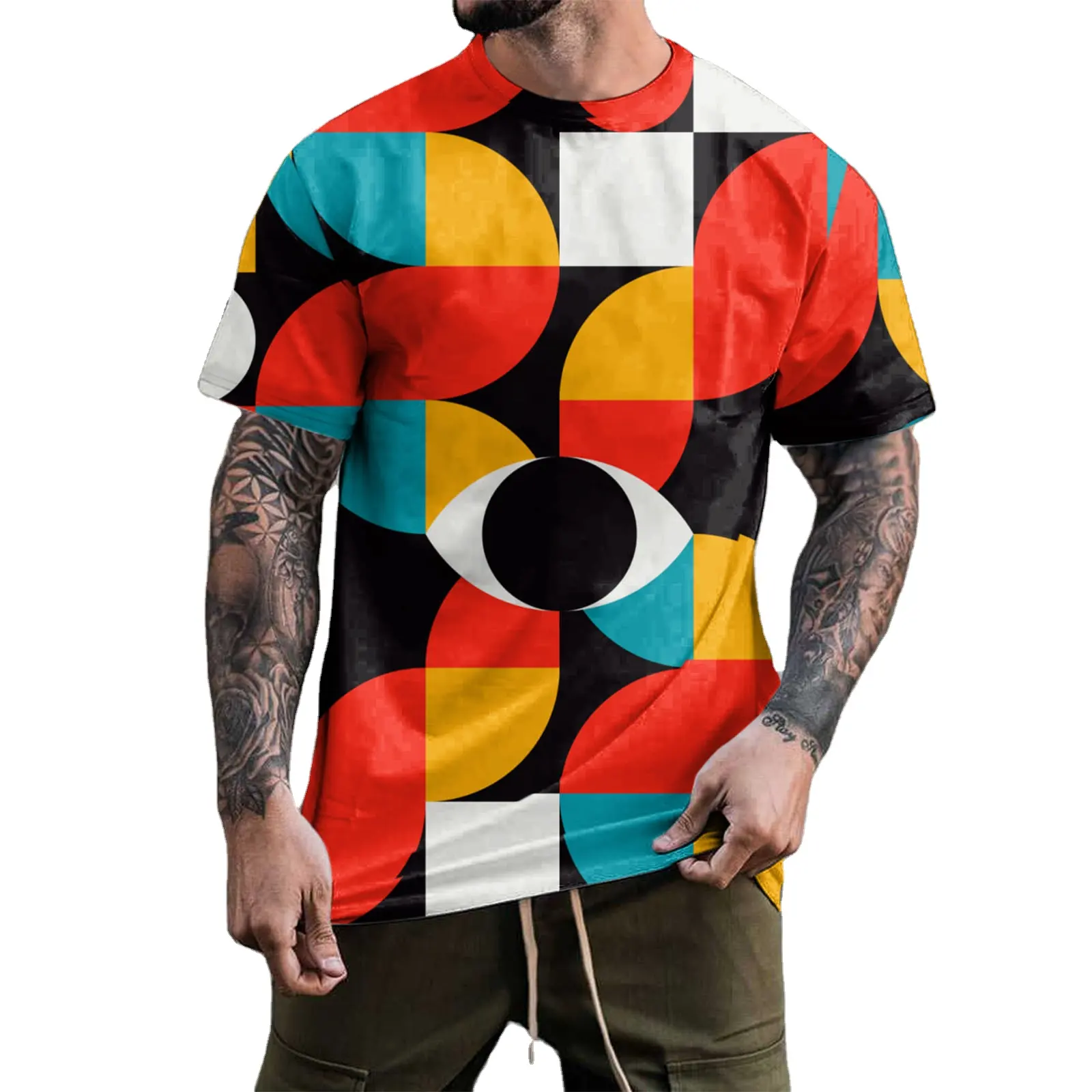 Kom Naar Kaart Aangepaste Geometrische Kaart Groot Formaat Heren 3d Digitale Print Ronde Hals T-Shirt