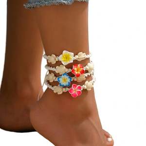 Nouvelle collection été pour le commerce transfrontalier : Bijou de pied de plage style bohème, chevillère en argile souple à fleurs colorées avec pendentif tortue en alliage - Product Image 1