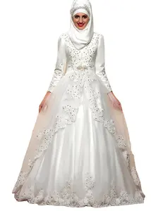 6001 # nuovo all'ingrosso Vintage lunghezza del pavimento abito da sposa modesto manica lunga a-line pizzo di raso perline abito da sposa arabo musulmano