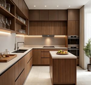 BALOM Customized High-End Walnut Wood Modular Kitchen <b>Cabinets</b> Frameless Design Soft-Closing Drawers Integrated <b>Lighting</b> - Product Image 2