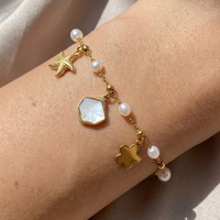 Bracelet en acier inoxydable plaqué or 18 carats pour femmes, véritable charme étoile lune en nacre, bijoux en perles baroques imperméables