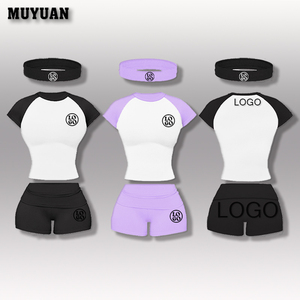 Conjunto Deportivo Personalizable de 2 Piezas para Mujer, Top de Punto con Mangas Raglán y Pantalones Cortos Deportivos en Color Contrastante, con Diadema, OEM - Product Image 1