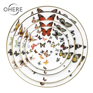 Hot sales butterfly ceramic tableware China wholesale Color Glazed wedding decoration dinner set plates and cup with gold line