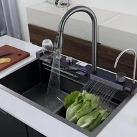 Évier de cuisine rectangulaire multifonction en acier inoxydable 304, finition PVD noir satiné, à cuve unique, avec cascade