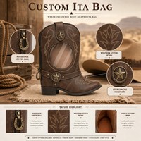 Sac Ita personnalisé en forme de botte de cowboy, en cuir PU vieilli marron selle, avec fenêtre transparente ronde, talon carré, sac à dos Kawaii