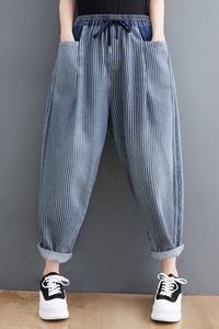 Vente en gros <span class=keywords><strong>2023</strong></span> jeans à rayures verticales femmes été ample grande taille élastique cordon Capris décontracté maigre Harlan <span class=keywords><strong>jean</strong></span> - Product Image 6