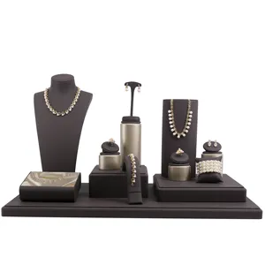 Luxury custom brown PU leather bracelete necklace earring ring holder stand jewelry display set