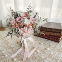 Bouquet de roses éternelles LED faites à la main aux couleurs douces, rond, sur pied, pour mariage, fleurs de mariée, longue durée (3-5 ans)