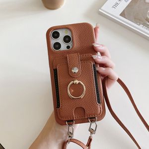Funda de teléfono de cuero PU con estampado de Lychee con cordón de bolsillo de tarjeta de lujo para iPhone 16 15 14 Pro Max funda tipo billetera con soporte para anillo - Product Image 6