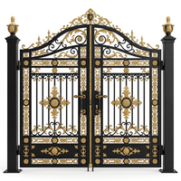 Portail de cour européen classique de luxe, anti-effraction, en fer forgé et aluminium moulé, avec revêtement en poudre noire et ornements plaqués or