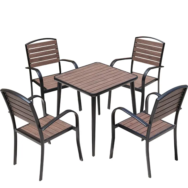 Outdoor dining wood table steel frame table and 6 chair set garden patio furniture set