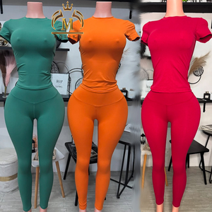 新作春女性服ショートシャツトップクイックドライスポーツレギンス2ピースセットレディーヨガウェアジョガーパンツ2ピースセット女性 - Product Image 1