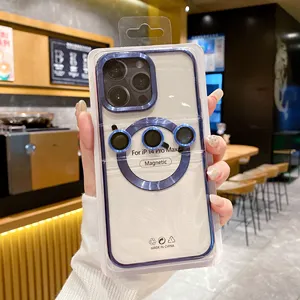 Magnetic Cd Plating Phone Case For Iphone 15 Pro Max 14 13 12 Clear Soft TPU Phone Cover With Camera Lens Protector