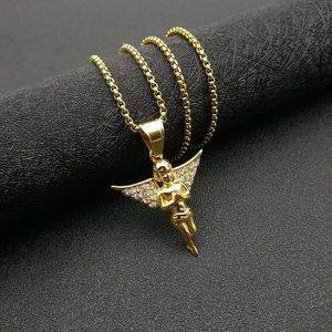 Collier pendentif ange hip-hop en acier inoxydable plaqué or avec ailes serties pavé, bijou unisexe, cadeau - Product Image 2