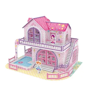 بيت دمية ثلاثي الأبعاد مع أثاث, فيلا ذات لون وردي مناسبة للفتيات الصغيرات ، عدة بيت دمية ذاتية الصنع
