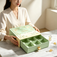 Boîte cadeau rigide artisanale délicate de type tiroir avec illustration personnalisée de fleurs et bonbons, plateau en papier à compartiments et fermeture magnétique pour aliments