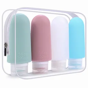 Paquete personalizado de 4 botellas vacías de gel de silicona de 3oz, botella de mano, exprimidor suave, recargable, tamaño de viaje, botella de champú, juego de botellas de viaje