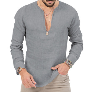 Camicia a maniche lunghe da <span class=keywords><strong>uomo</strong></span> in cotone e lino vintage, casual, tinta unita, vestibilità ampia, per primavera e autunno - Grande successo! - Product Image 4