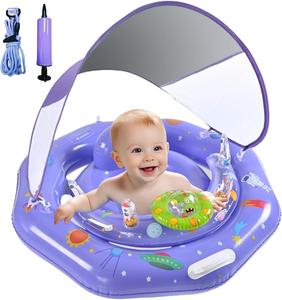 Flotador de Piscina para Bebés con Diseño Espacial Morado, Toldo Removible y Juguetes con Sonido - Product Image 1