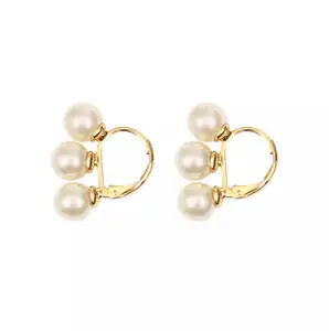 18K Yellow Gold White Cream Freshwater Cultured 3 Pearls Hoop Earrings Leverback Minimalist Huggie Earrings