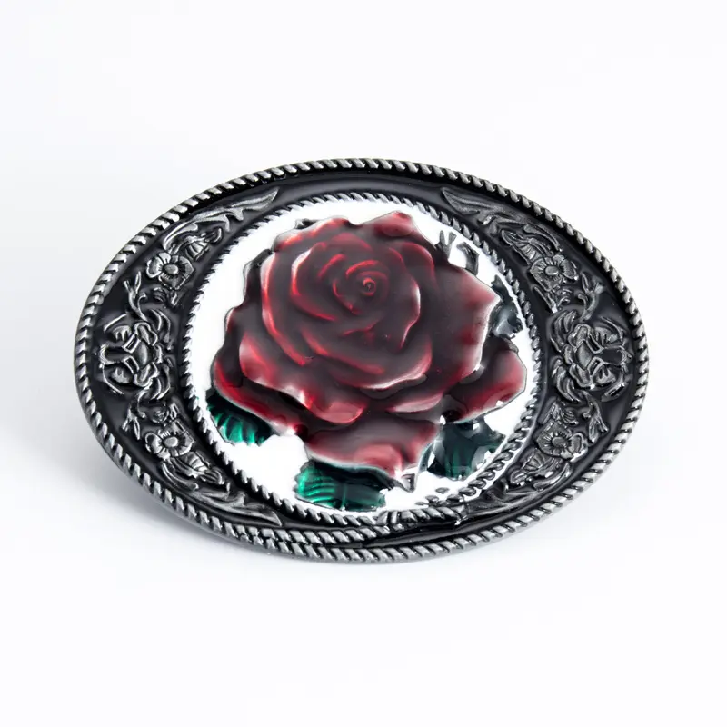 Vintage Oval Flower Rose western Belt Buckle Cowgirl Rodeo Floral soft enamel plate buckle