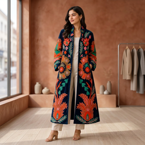 <b>Women</b> Hand Embroidered Suzani <b>Velvet</b> Coat Royal Blue Floral Paisley Motif Long Duster <b>Jacket</b> Open Front Kimono Robe Boho Winter - Product Image 6