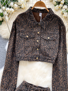 Y2K 2 pezzi Set da <span class=keywords><strong>donna</strong></span> Top corto e vita alta Denim leopardo Shorts <span class=keywords><strong>tuta</strong></span> da Jogging all'ingrosso - Product Image 2