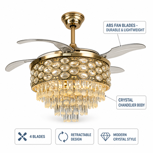 Ventilateur de plafond en cristal avec lumière et télécommande, ventilateurs de plafond décoratifs dorés avec lumières LED à intensité variable, 6 vitesses, super silencieux - Product Image 4