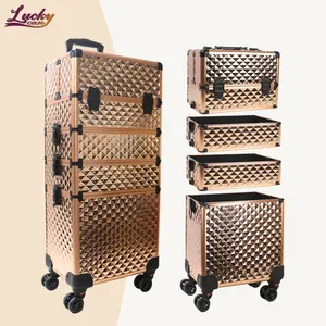 Rolling Makeup Train Case 4 in 1 Large Cosmetic Trolley Barber Case With Keys Swivel Wheels Traveling Trunk For Makeup Artist