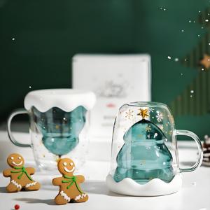 Christmas <strong>Cup</strong> With Handle and Lid 300ml Christmas Gifts Elegant <strong>Design</strong> Double Wall <strong>Cups</strong> Christmas Tree Coffee Milk <strong>Glass</strong> Mugs