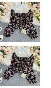 Kadınlar çiçek gömlek dantel up fırfır seksi kapalı omuz üst Blusas pileli streç ince bel kısa mahsul üst bluz - Product Image 2
