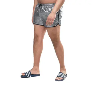 KY nieuwe stijl mens custom geweven stof zijvak korte lengte zilver metallic plus runner zwemmen strand shorts met mesh voering