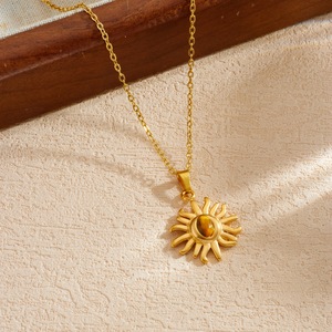 Stainless Steel Gold Plated Tiger's Eye Sun Pendant Necklace For Daily Wear Gift Clavicle Chain - Product Image 3