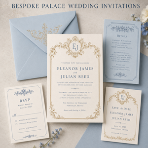 Suite d'invitations <span class=keywords><strong>de</strong></span> mariage baroque personnalisée et ornée, cadre doré avec accents bleus, cartes RSVP assorties, cartes <span class=keywords><strong>de</strong></span> détails et cartes « Save the Date » - Product Image 1