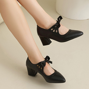 Sandales à talons en cuir véritable noir à bout pointu avec nœud décoratif, talon moyen, talon bloc, chaussures élégantes pour femmes, livraison directe - Product Image 4