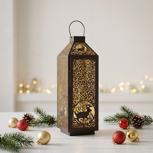 Manufacturers <b>Christmas</b> Decoration Black Metal Candle <b>Lantern</b> With Deer And Tree Cutouts - Product Image 1