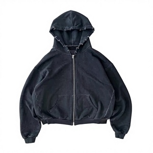 Felpa con Cappuccio da Uomo Nera in Cotone 100% Lavato, Stile <span class=keywords><strong>Streetwear</strong></span> Personalizzato, 400gsm French Terry, Effetto <span class=keywords><strong>Vintage</strong></span> Distressed con Lavaggio Acido e Zip - Product Image 2