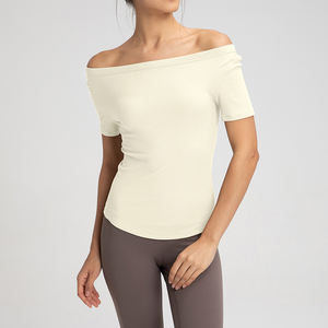 XW-DA110 élégant <span class=keywords><strong>bateau</strong></span> décolleté ourlet arrondi dames en plein air Gymwear côtelé à manches courtes haut court respirant Sport chemise femmes - Product Image 1