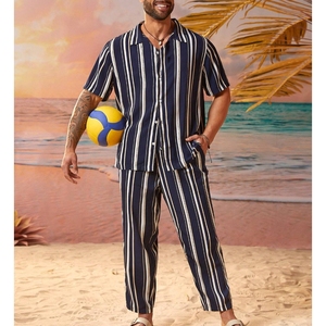 Lässiges gestreiftes Kurzarmhemd mit langer Hose Herrenbekleidung 2-teiliges Set Mode - Product Image 3