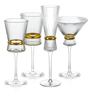 Luxury Origami Style Ribbed Wine Glasses Lead-free Crystal Glass Gold Belt Striped Goblets