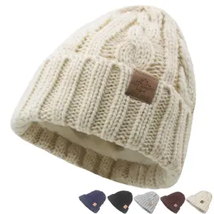 高品质女式冬季罗纹豆豆皮革贴片标志软滑雪针织厚骷髅帽厚帽保暖翻边豆豆