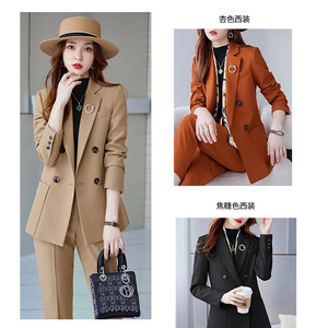 Women's Double Breasted Apricot Suit Set Full Sleeve Polyester Spring Office Lady Anti Wrinkle Two Piece - Product Image 1