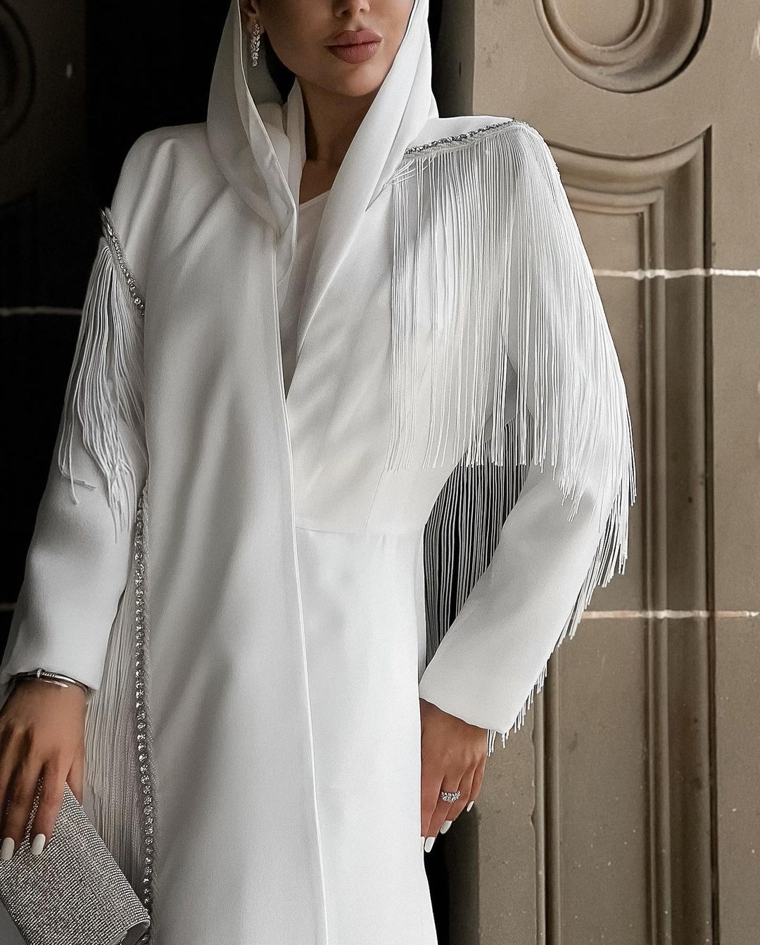 woman white formal dress with fringes