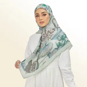 Hijab cuadrado con estampado de gasa de algodón personalizado, pañuelo de viscosa de lino y algodón suave, hijab tudung bawal