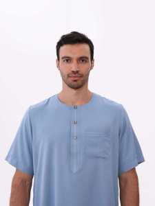 Men's <b>Light</b> Blue Cotton Burqa <b>Neck</b> Short Sleeve Ankle Length Modest Prayer Robe Solid Color Breathable Lightweight Quick Dry - Product Image 4
