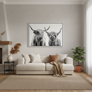 Highland Cow Canvas Print: <b>Black</b> & White Scottish Farmhouse Decor,WHITE <b>FRAMED</b> CANVAS - Product Image 3