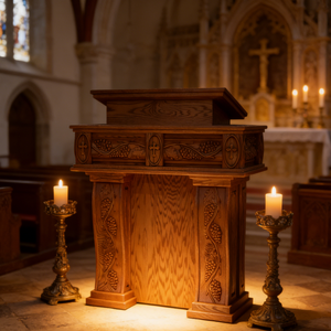 Pupitre d'église <span class=keywords><strong>en</strong></span> <span class=keywords><strong>bois</strong></span> avec sculptures complexes, fabrication professionnelle pour les églises missionnaires - Product Image 3